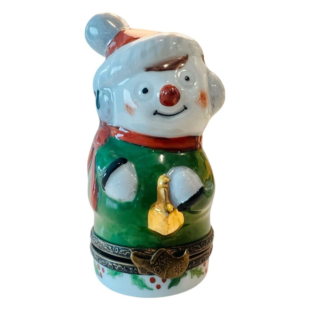 Peint Main Limoges France Snowman Trinket Box Hand Painted Porcelain Clog Clasp